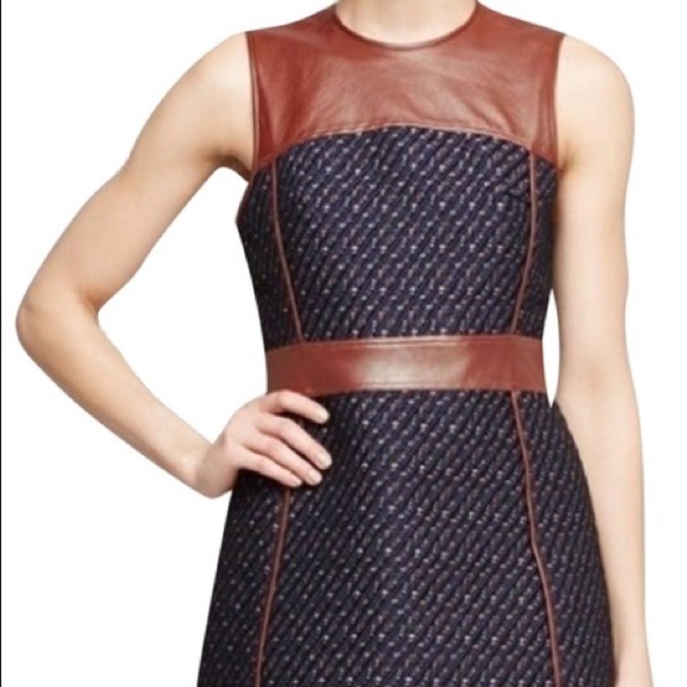 THEORY Calvino W. Heighten Mixed-Media Dress in Tweed and Leather - Picture 4 of 11